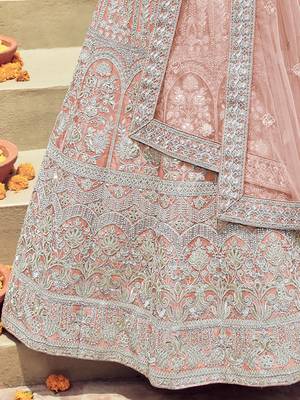 Women's Peach Silk Heavy Embroidered Designer Wedding Festive Lehenga Choli Set 4