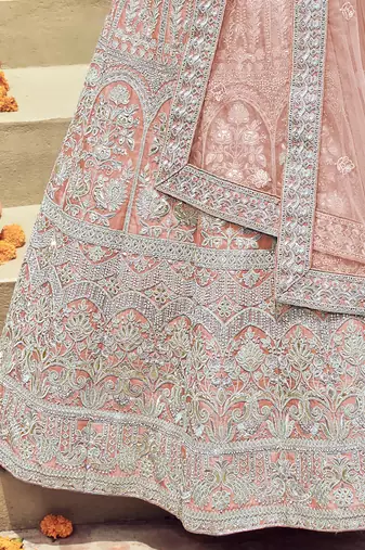 Women's Peach Silk Heavy Embroidered Designer Wedding Festive Lehenga Choli Set