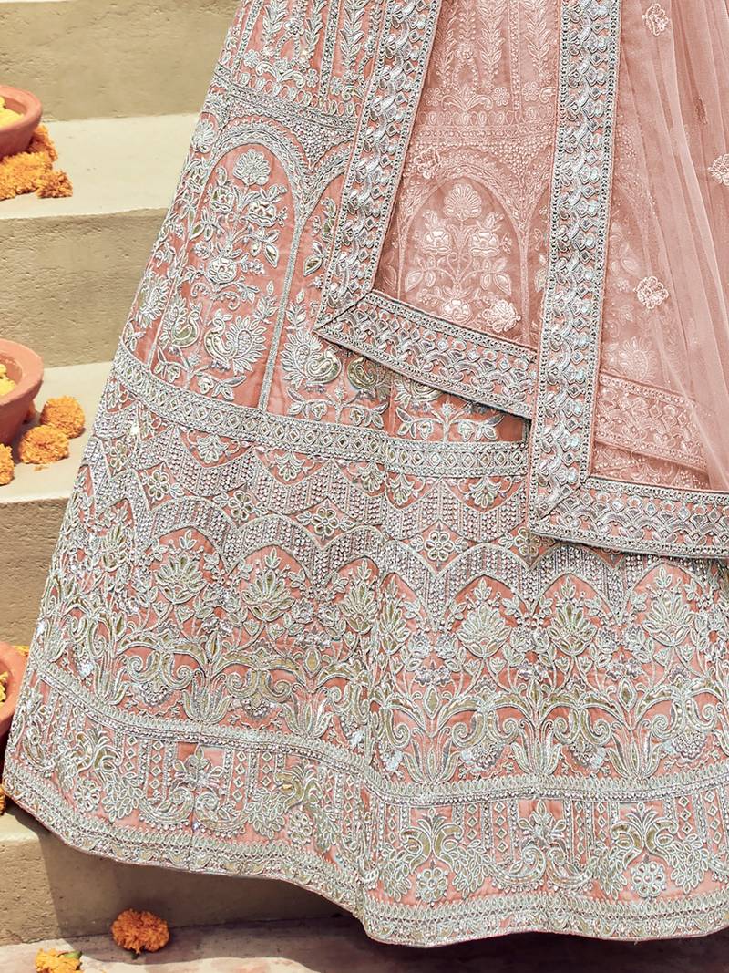 Women's Peach Silk Heavy Embroidered Designer Wedding Festive Lehenga Choli Set