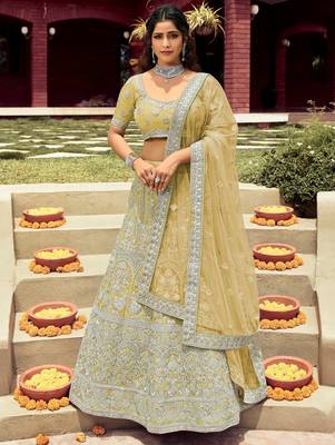 Women's Mustard silk blend Heavy Embroidered  Lehenga Choli Set 1