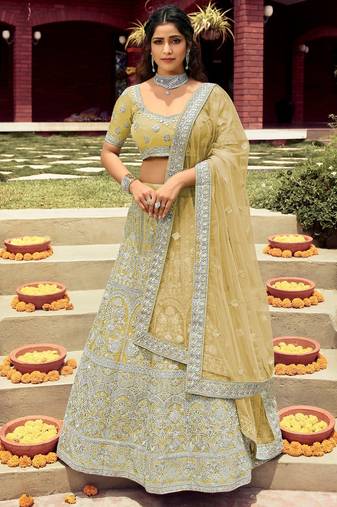 Women's Mustard silk blend Heavy Embroidered  Lehenga Choli Set