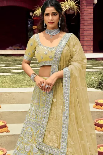 Women's Mustard silk blend Heavy Embroidered  Lehenga Choli Set