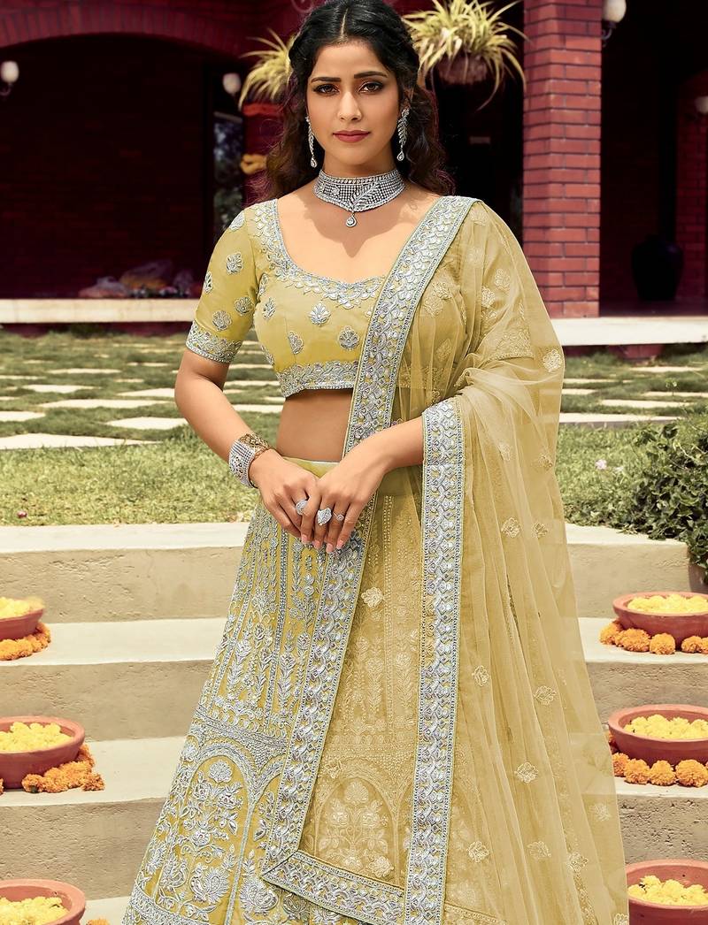 Women's Mustard silk blend Heavy Embroidered  Lehenga Choli Set