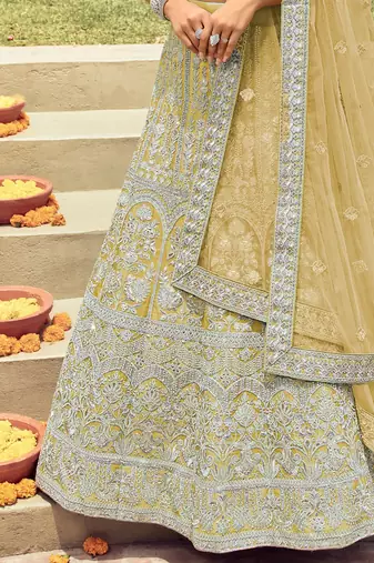 Women's Mustard silk blend Heavy Embroidered  Lehenga Choli Set