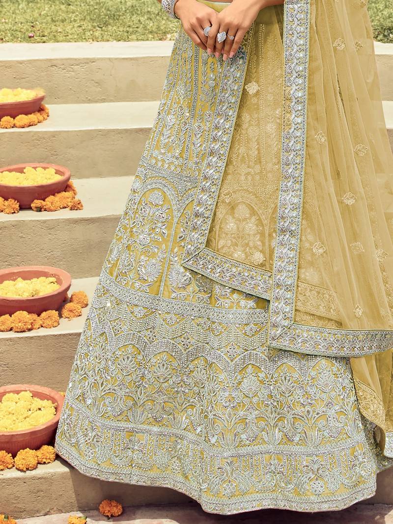 Women's Mustard silk blend Heavy Embroidered  Lehenga Choli Set