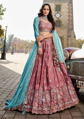 Women's Rose Pink Art silk blend Floral Embroidered Lehenga Choli with Aqua Blue Dupatta 1