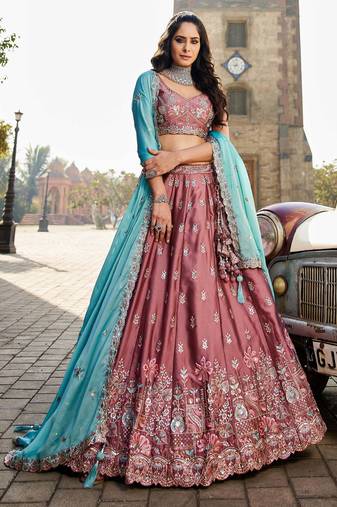 Women's Rose Pink Art silk blend Floral Embroidered Lehenga Choli with Aqua Blue Dupatta