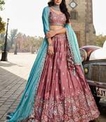 Women's Rose Pink Art silk blend Floral Embroidered Lehenga Choli with Aqua Blue Dupatta
