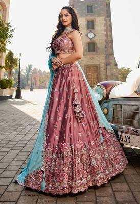 Women's Rose Pink Art silk blend Floral Embroidered Lehenga Choli with Aqua Blue Dupatta 2