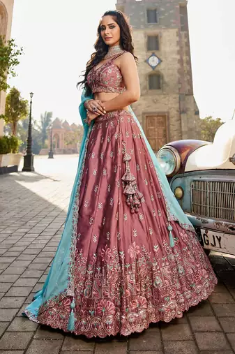 Women's Rose Pink Art silk blend Floral Embroidered Lehenga Choli with Aqua Blue Dupatta