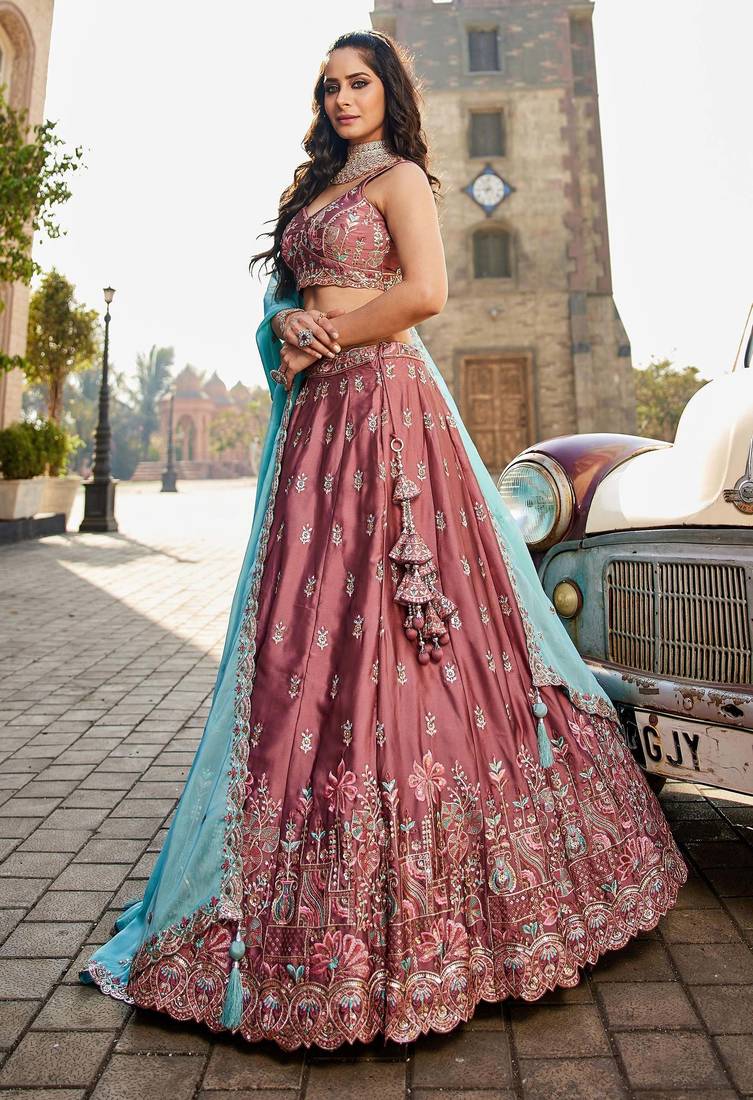 Women's Rose Pink Art silk blend Floral Embroidered Lehenga Choli with Aqua Blue Dupatta