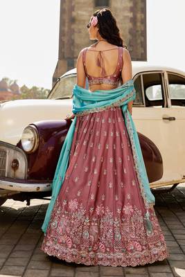Women's Rose Pink Art silk blend Floral Embroidered Lehenga Choli with Aqua Blue Dupatta 3