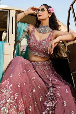 Women's Rose Pink Art silk blend Floral Embroidered Lehenga Choli with Aqua Blue Dupatta 4