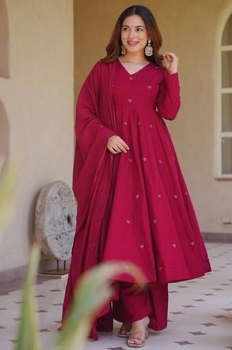 rani pink embroidered brocade full stitched anarkali suit