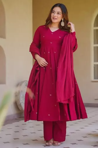 rani pink embroidered brocade full stitched anarkali suit