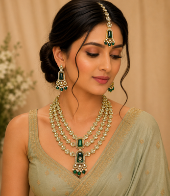 Muti layered Green Kundan Bridal Necklace earring maangtikka Jewellery Set for wedding festival  3