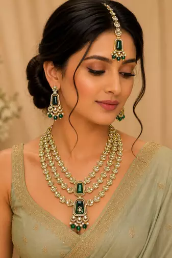 Muti layered Green Kundan Bridal Necklace earring maangtikka Jewellery Set for wedding festival 