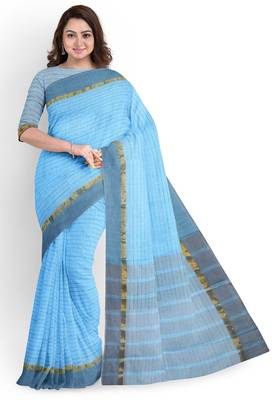 sky blue striped cotton blend saree with grey zari border 1