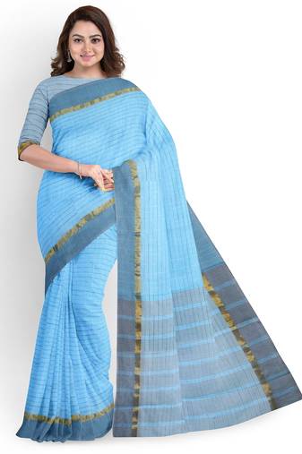 sky blue striped cotton blend saree with grey zari border