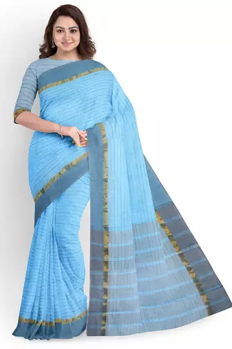 sky blue striped cotton blend saree with grey zari border