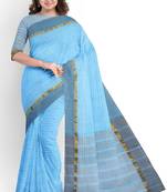 sky blue striped cotton blend saree with grey zari border