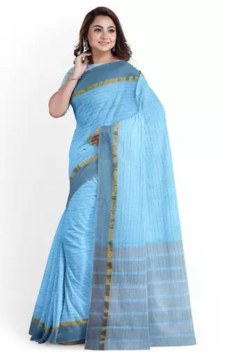 sky blue striped cotton blend saree with grey zari border