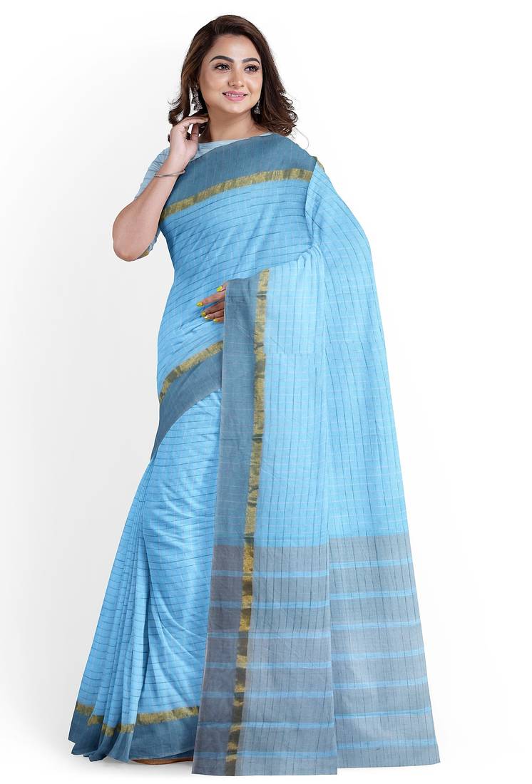sky blue striped cotton blend saree with grey zari border