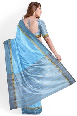 sky blue striped cotton blend saree with grey zari border 3