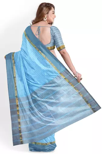 sky blue striped cotton blend saree with grey zari border