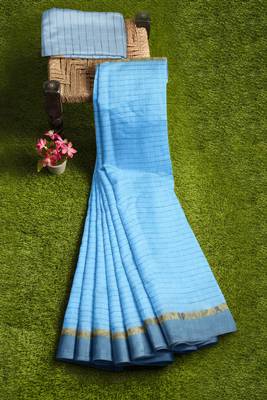 sky blue striped cotton blend saree with grey zari border 4