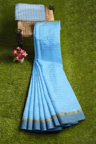 sky blue striped cotton blend saree with grey zari border
