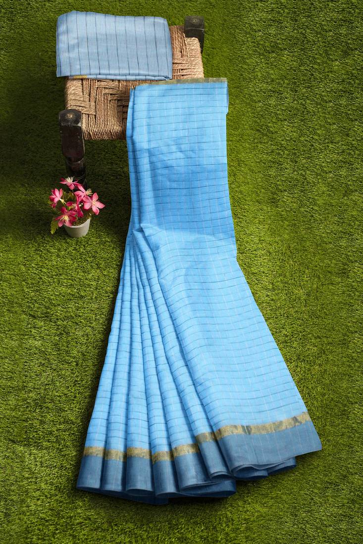 sky blue striped cotton blend saree with grey zari border