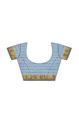 sky blue striped cotton blend saree with grey zari border 5