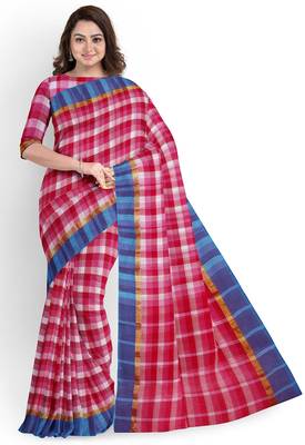 pink checked cotton blend saree with blue border 1