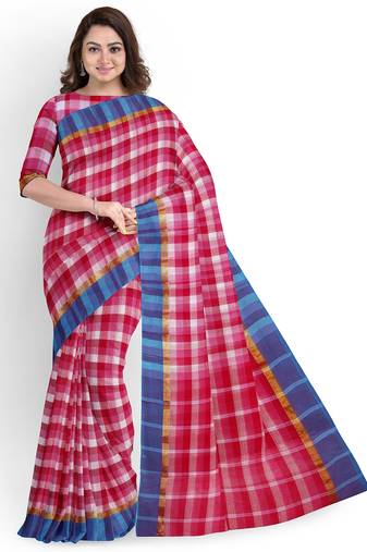 pink checked cotton blend saree with blue border