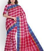 pink checked cotton blend saree with blue border