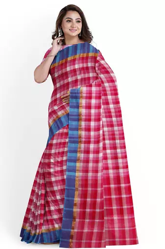 pink checked cotton blend saree with blue border