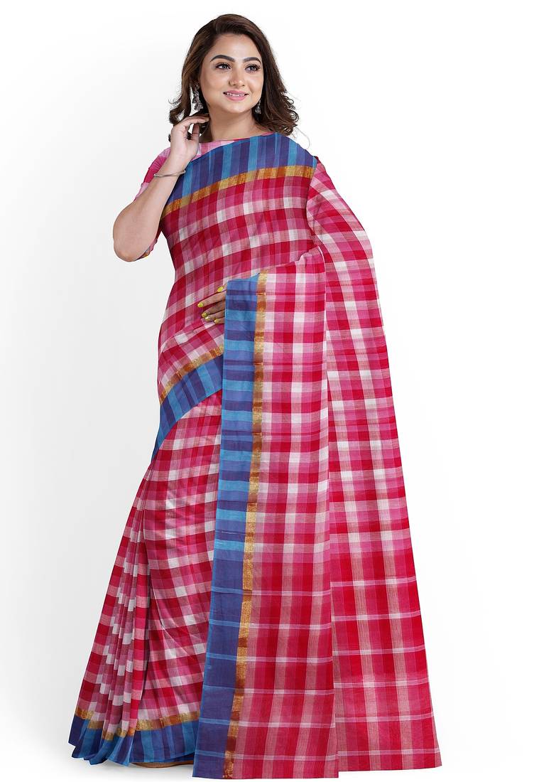 pink checked cotton blend saree with blue border