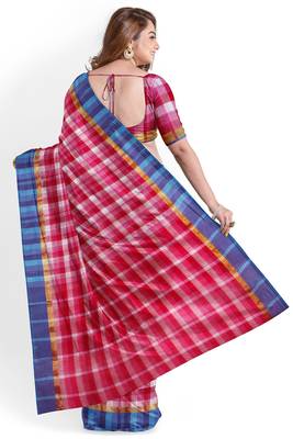 pink checked cotton blend saree with blue border 3