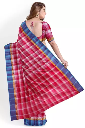 pink checked cotton blend saree with blue border