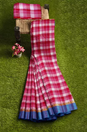pink checked cotton blend saree with blue border