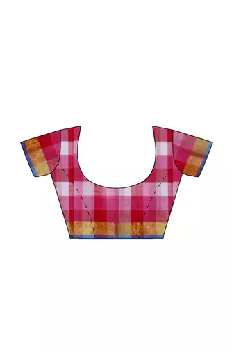 pink checked cotton blend saree with blue border