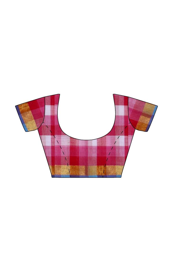 pink checked cotton blend saree with blue border