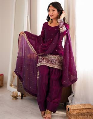 Women's premium wine fendy silk embroidered kurta with farshi shalwar and embroidered roman silk dupatta 1