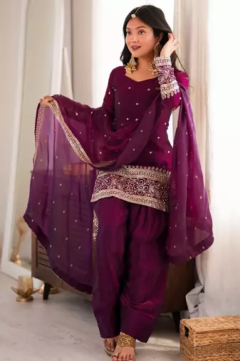 Women's premium wine fendy silk embroidered kurta with farshi shalwar and embroidered roman silk dupatta
