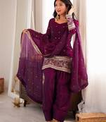 Women's premium wine fendy silk embroidered kurta with farshi shalwar and embroidered roman silk dupatta