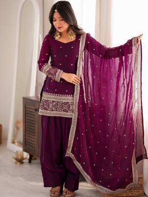 Women's premium wine fendy silk embroidered kurta with farshi shalwar and embroidered roman silk dupatta 2
