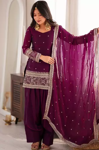 Women's premium wine fendy silk embroidered kurta with farshi shalwar and embroidered roman silk dupatta