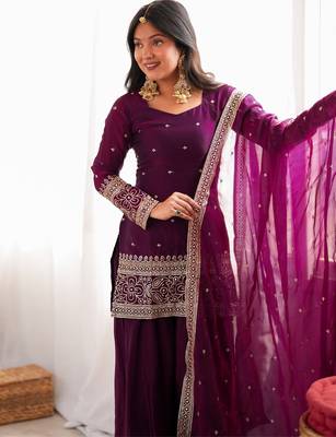 Women's premium wine fendy silk embroidered kurta with farshi shalwar and embroidered roman silk dupatta 3