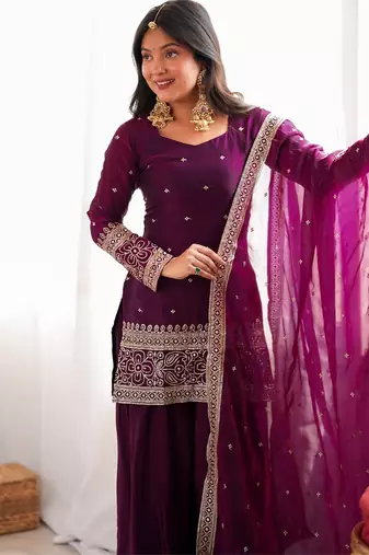 Women's premium wine fendy silk embroidered kurta with farshi shalwar and embroidered roman silk dupatta
